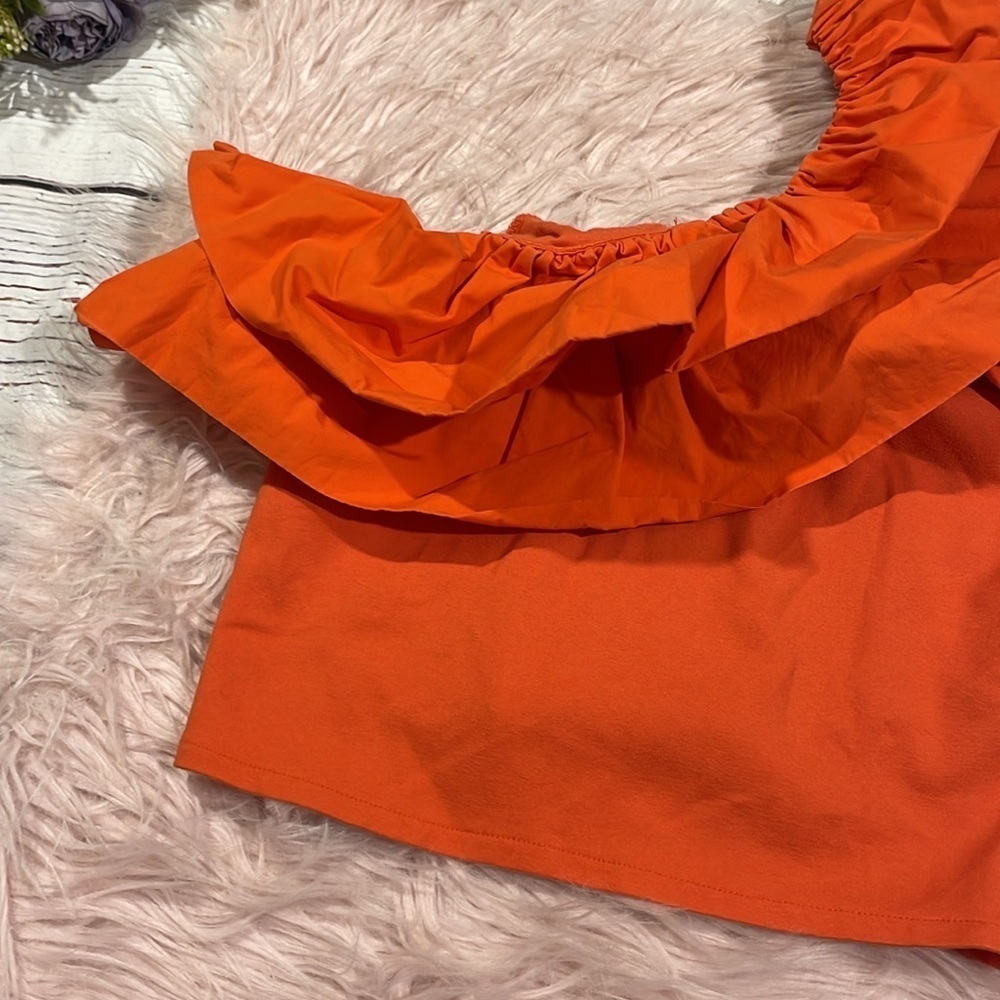 One-Shoulder Ruffle Crop Top - Orange - Picture 8 of 9